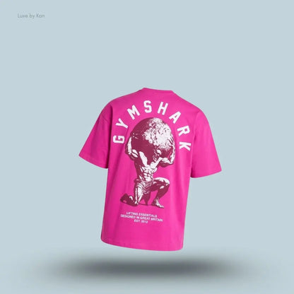 Gymshark Atlas T-Shirt oversized men's pink cotton graphic t-shirt on a blue background back view