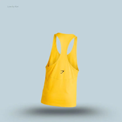 gymshark Accent Tank in yellow with a racerback design, slim-fit sleeveless training tank displayed on blue background back view