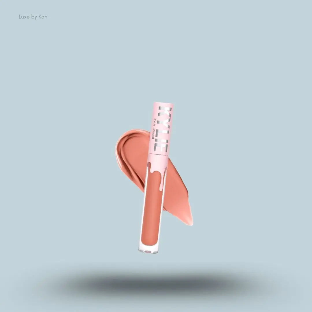 Kylie Cosmetics Matte Liquid Lipstick bottle and swatch on blue background — LBK India