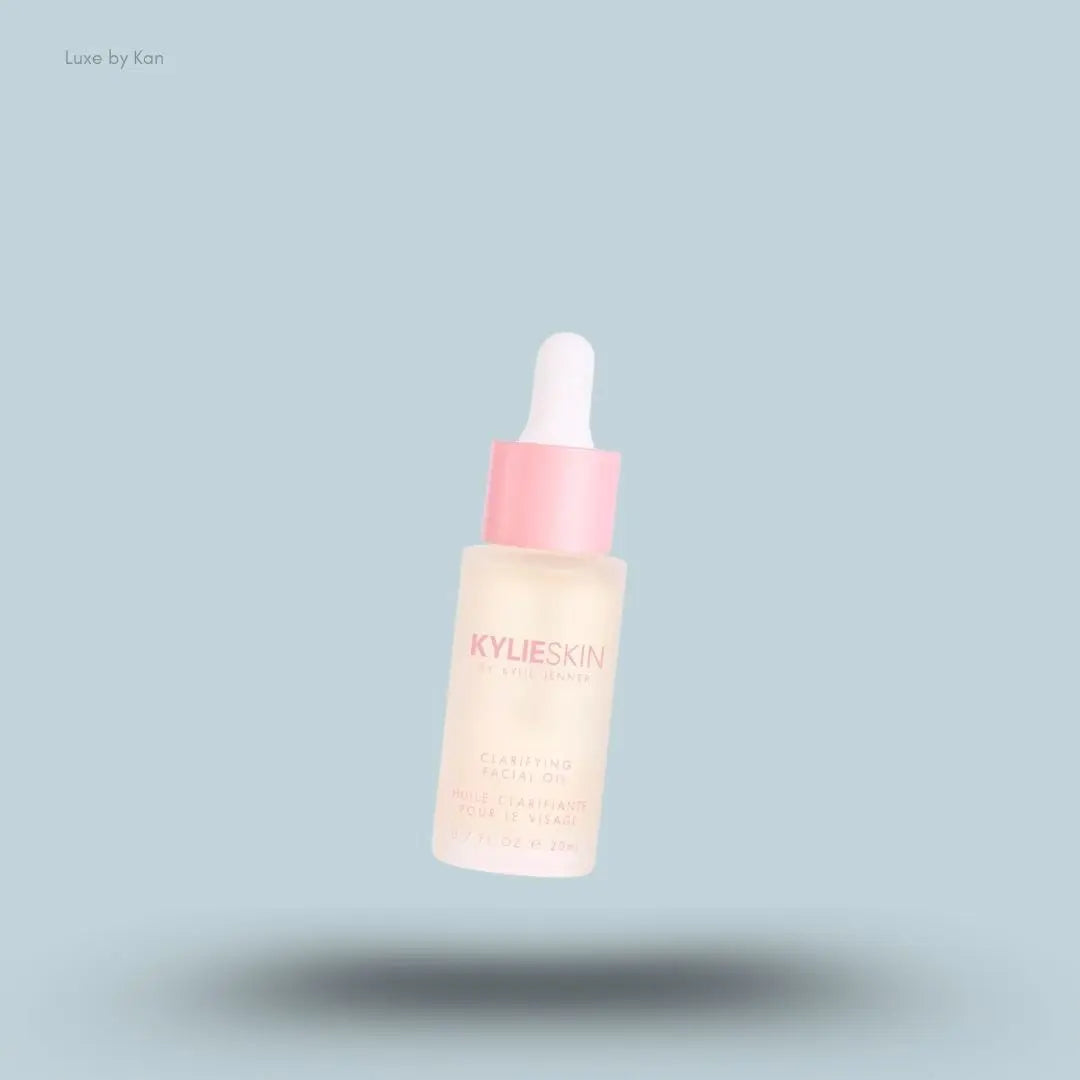 Kylie Skin by Kylie Jenner Clarifying Facial Oil bottle on blue background — LBK India