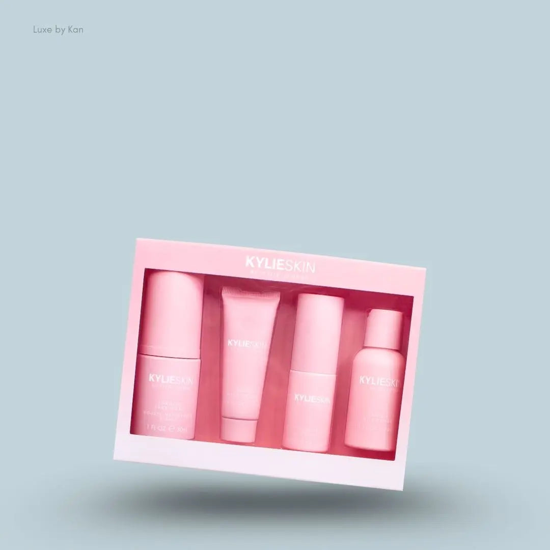  Kylie Skin by Kylie Jenner 4-Piece Mini Skincare Set on blue background — LBK