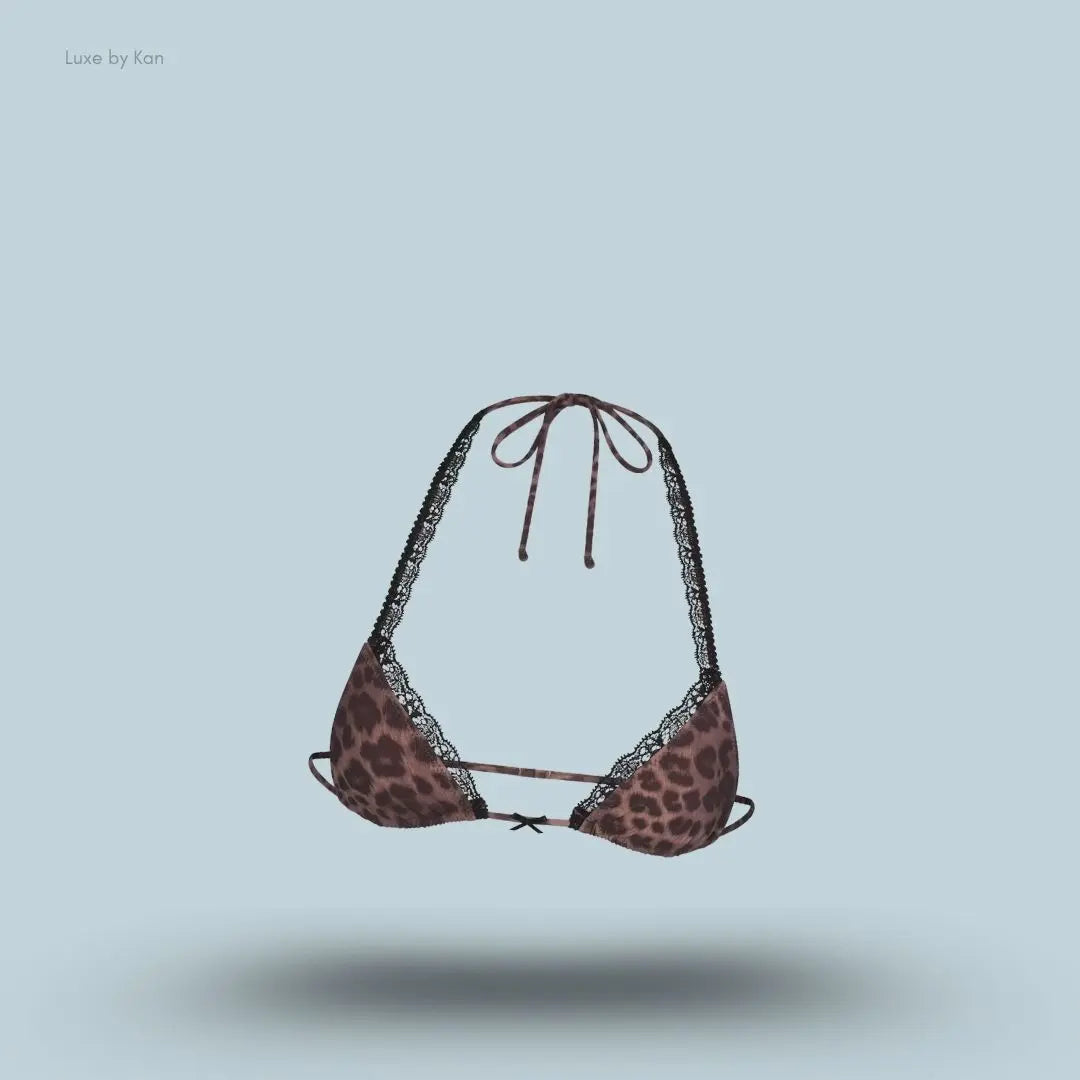 SKIMS Fits Everybody Lace Micro Bralette in Limited Edition Umber Leopard Print, flat lay on light blue background