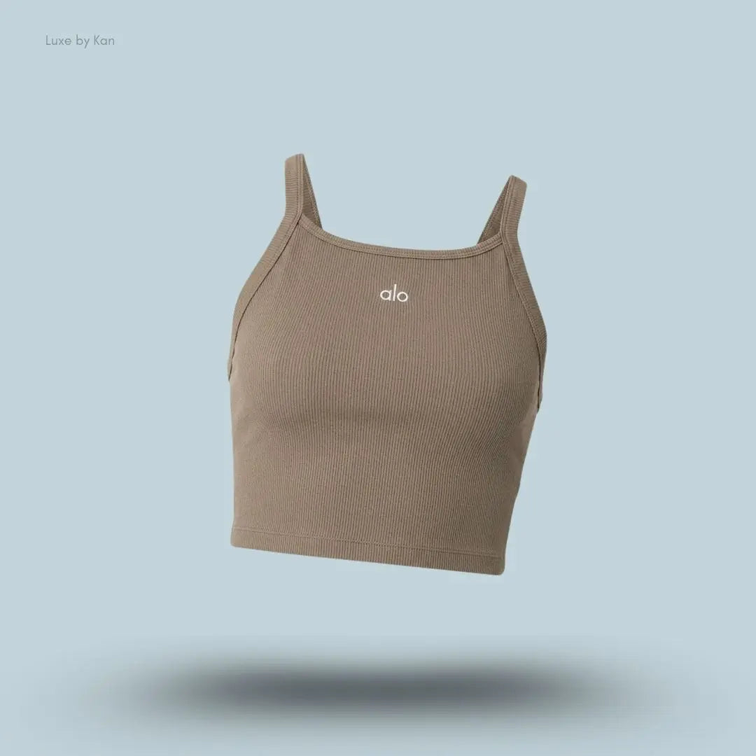 Alo Seamless Ribbed Favorite Bra Tank in Light Cocoa, flat lay on light blue background