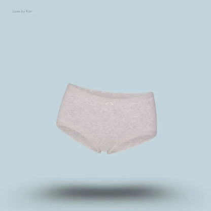 SKIMS Lightweight Cotton Lace Boy Short in Light Heather Grey, flat lay on light blue background