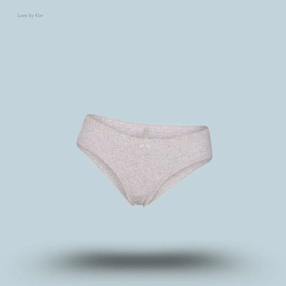 SKIMS Lightweight Cotton Pointelle Lace Brief in Light Heather Grey, flat lay on light blue background