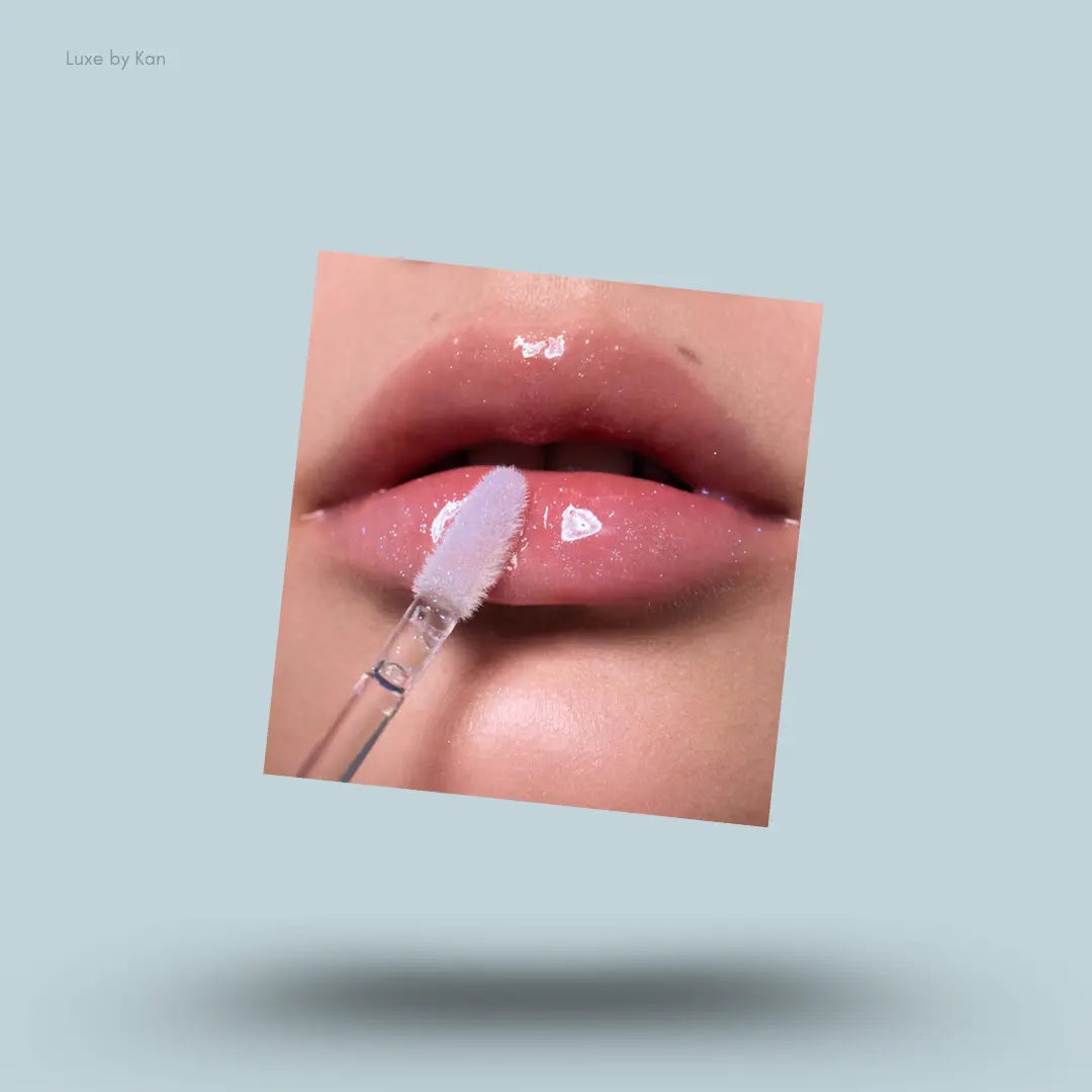 Flower Knows Shell's Jewel Nourishing Lip Glaze in P06 Lunar Jelly applied on lips, moonlight shimmer