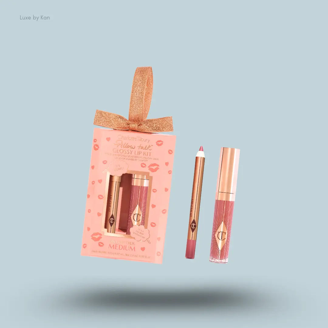 Charlotte Tilbury Pillow Talk Mini Glossy Lips Duo lip gloss and lip liner with packaging on blue background