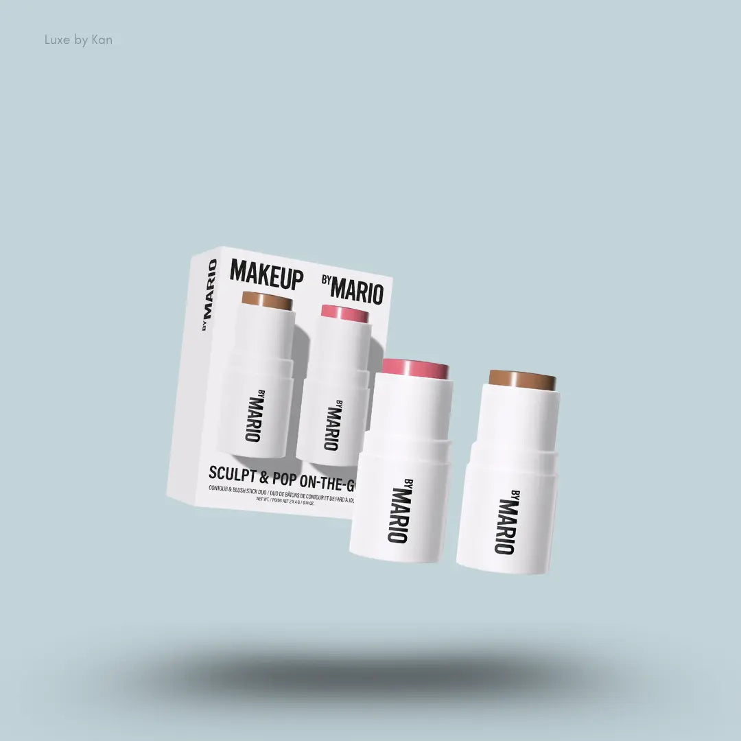 Makeup By Mario Sculpt & Pop On The Go Duo shaping stick and blush stick with packaging on blue background