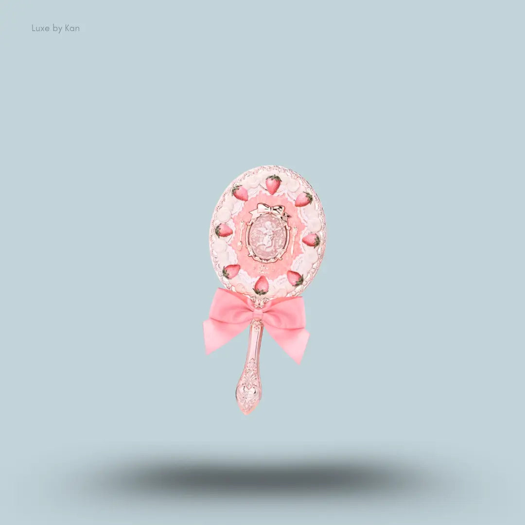 Flower Knows Strawberry Cupid Hand Mirror in Milky Pink, strawberry cake design with golden Cupid