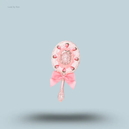 Flower Knows Strawberry Cupid Hand Mirror in Milky Pink, strawberry cake design with golden Cupid