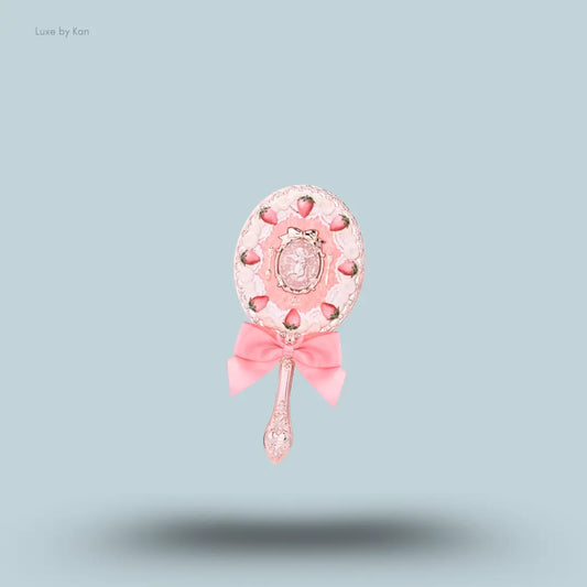 Flower Knows Strawberry Cupid Hand Mirror in Milky Pink, strawberry cake design with golden Cupid