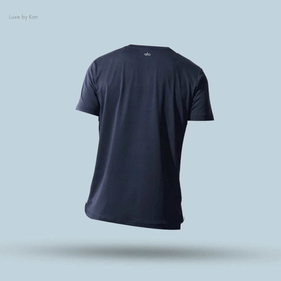 Alo Conquer Reform Crewneck Short Sleeve in Navy, back view