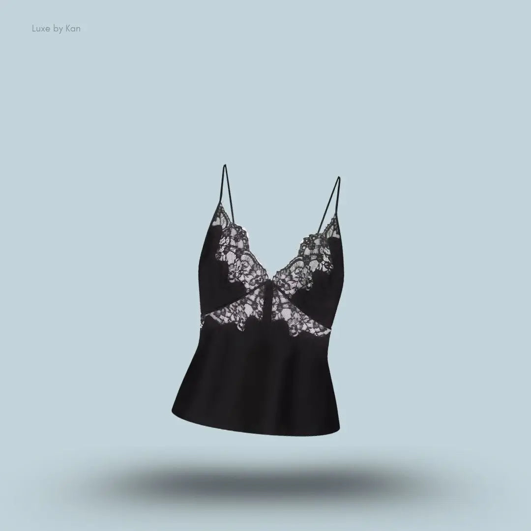 SKIMS Silk Lace Cami in Onyx, flat lay on light blue background