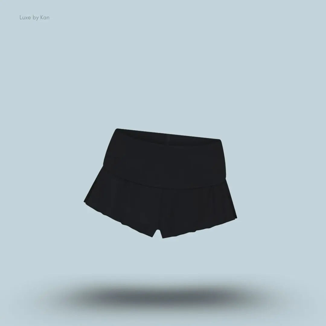SKIMS Sleep Henley and Foldover Short Set foldover shorts in Onyx, flat lay on light blue background
