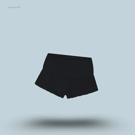 SKIMS Sleep Henley and Foldover Short Set foldover shorts in Onyx, flat lay on light blue background