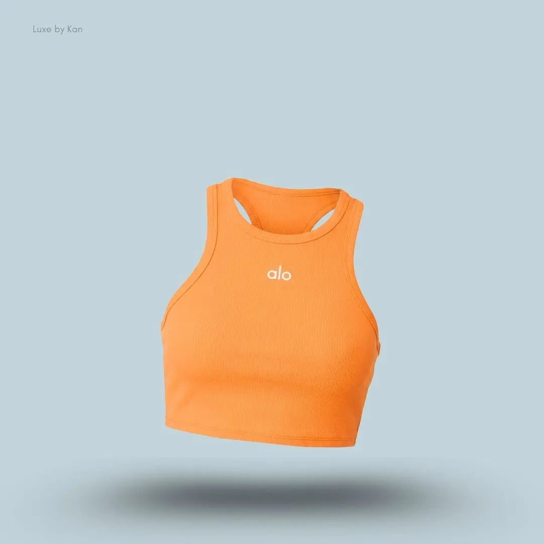 Alo Aspire Tank in Satsuma Breeze/White, flat lay on light blue background
