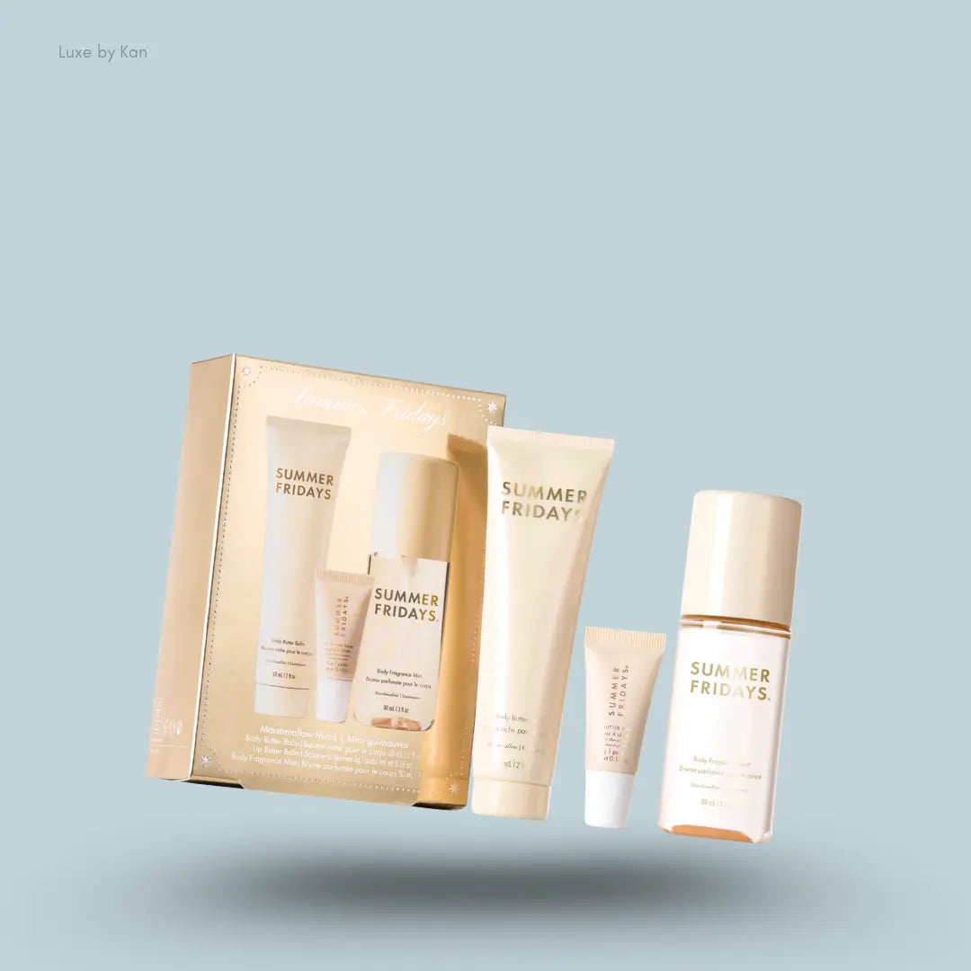 Summer Fridays Travel Body Set Marshmallow Minis, body butter, fragrance mist and lip balm with gift box