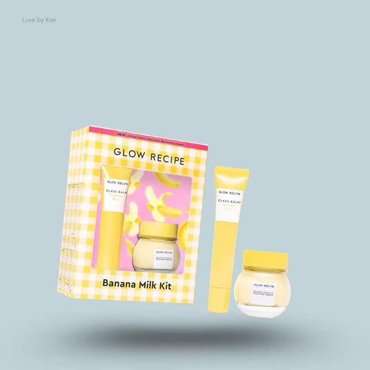 Glow Recipe Banana Milk Glass Balm Kit with Banana Souffle cream and lip balm and box