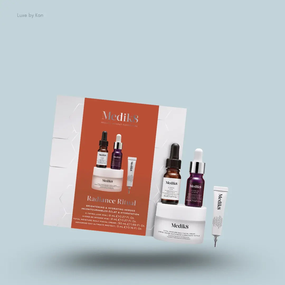 Medik8 Radiance Ritual Kit with C-Tetra Luxe, Hydr8 B5, Total Moisture cream and SPF and box