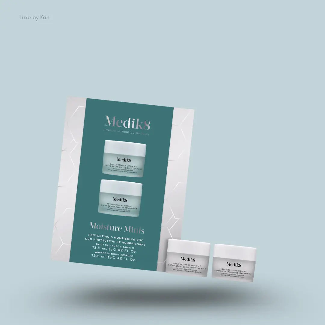 Medik8 Moisture Minis Kit with Daily Radiance Vitamin C and Advanced Night Restore jars and box