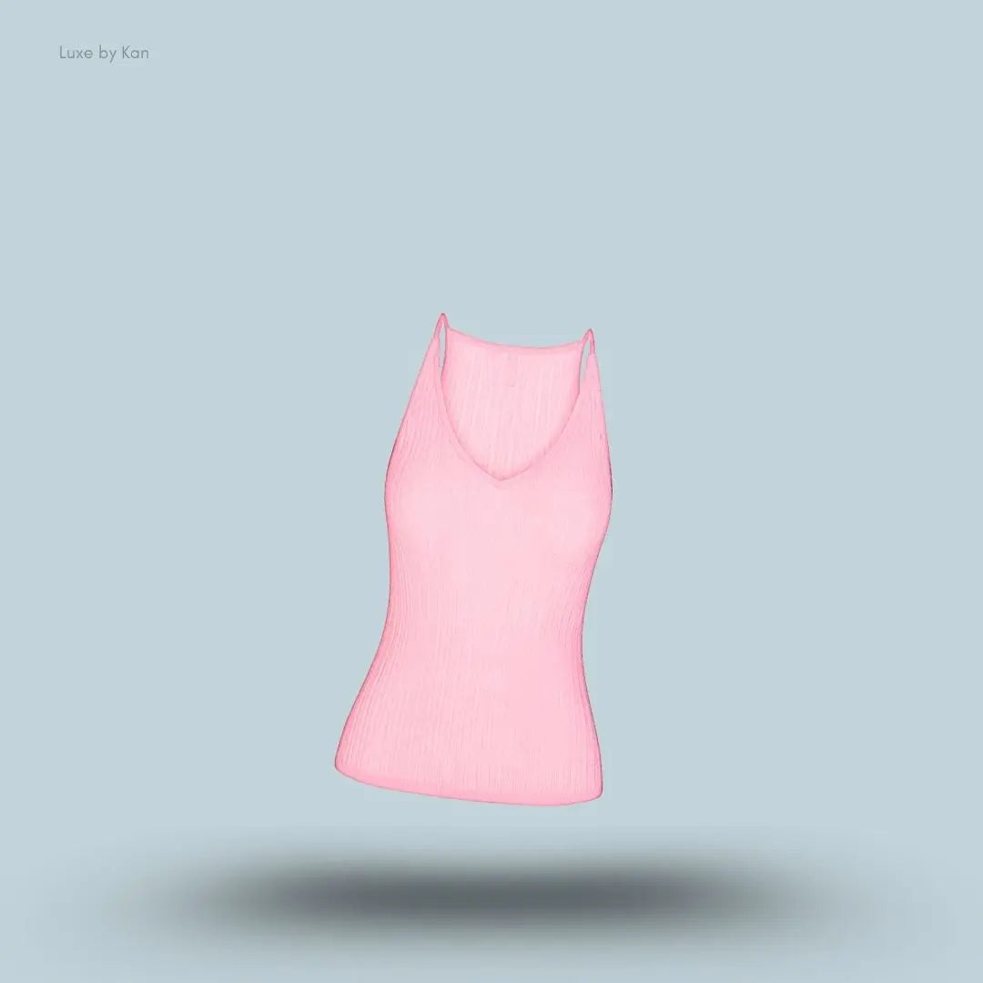 SKIMS Sheer Knit Plunge Tank in Peony, flat lay on light blue background
