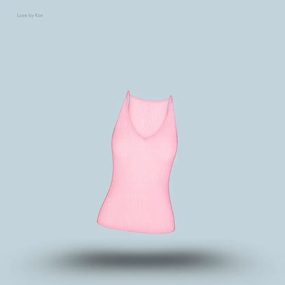 SKIMS Sheer Knit Plunge Tank in Peony, flat lay on light blue background