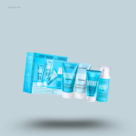 Color Wow The Money Makers Kit – four haircare products with packaging on blue background