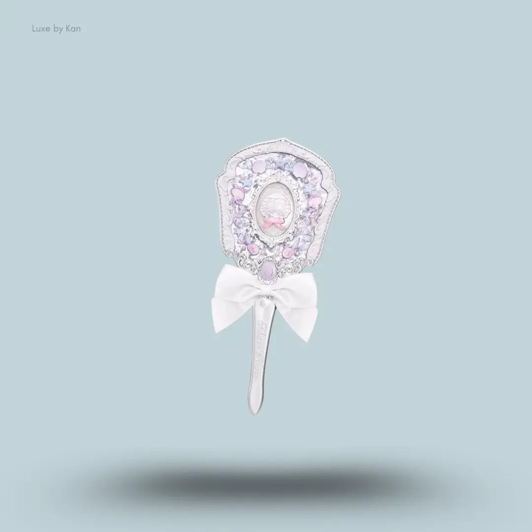 Flower Knows Shell's Jewel Hand Mirror in Pearly White, oceanic mirror with silver filigree and satin bow