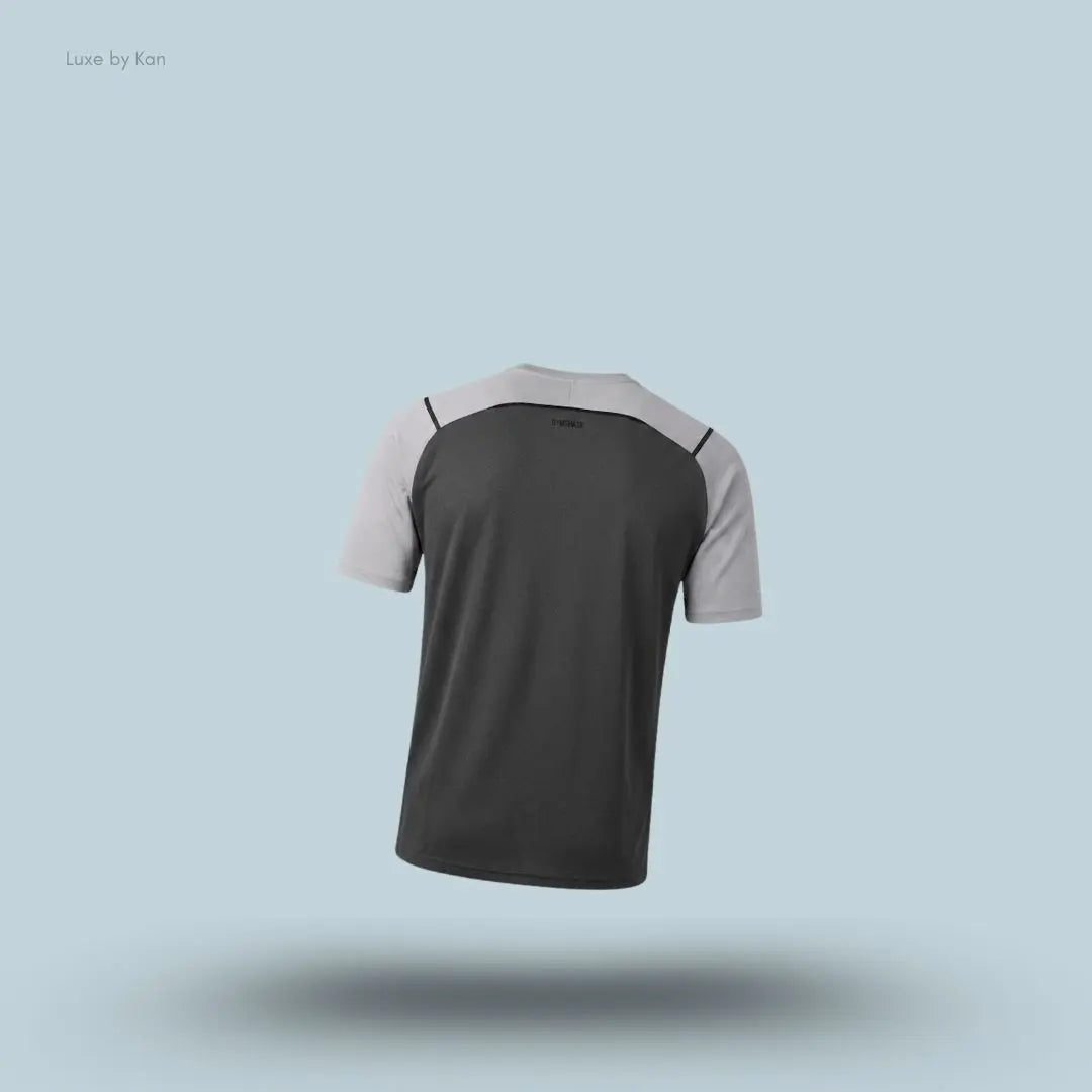 Gymshark Arrival Contrast T-Shirt in light grey displayed on a blue background with contrast shoulder piping and short sleeves back view