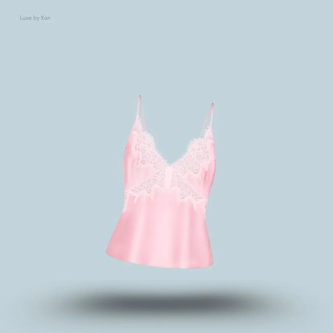 SKIMS Silk Lace Cami in Limited Edition Peony Tonal, flat lay on light blue background