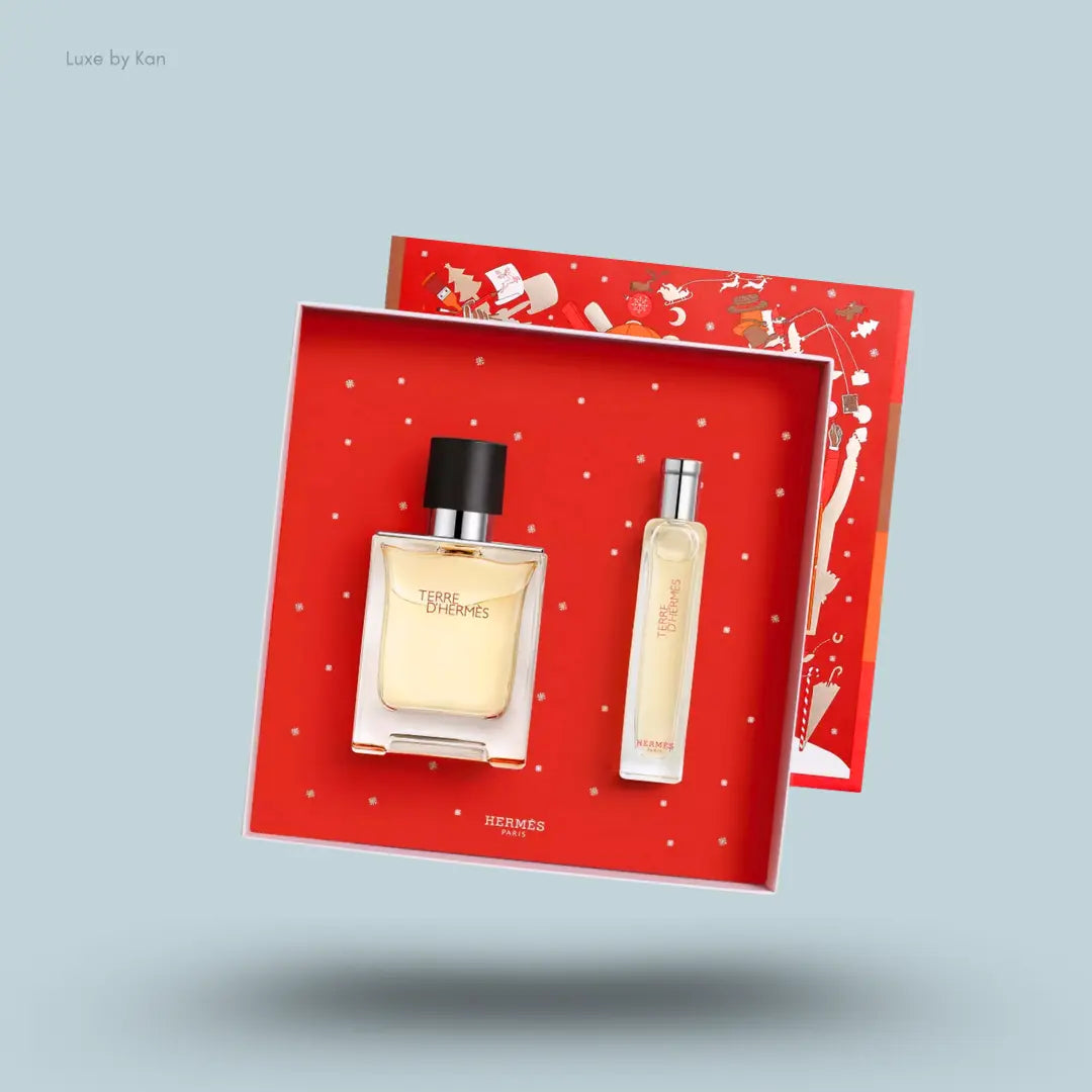 Hermès Terre d'Hermès Eau de Toilette Gift Set perfume bottle beside its gift box