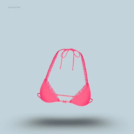 SKIMS Fits Everybody Lace Micro Bralette in Ultra Pink, flat lay on light blue background