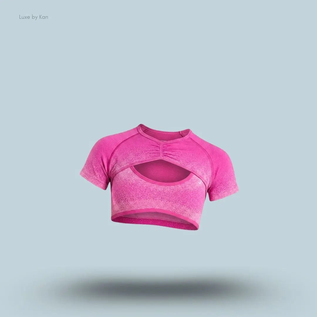 Gymshark Blush Seamless Short Sleeve Shrug Super-Set Pink Focus Pink body fit seamless ombre ruched centre breathable women's activewear front view India