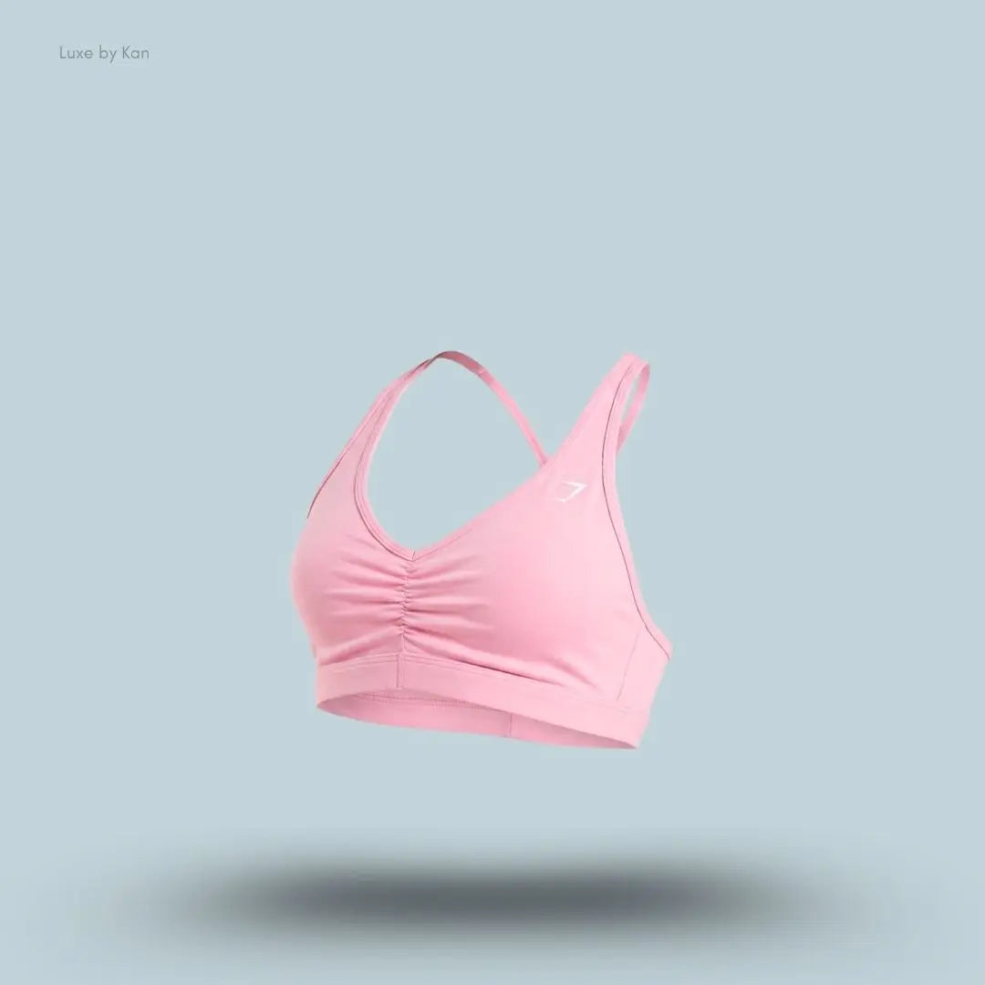 Gymshark Ruched Sports Bra 2.0 Poise Pink medium support ruched v-neck racerback women's sports bra front view India
