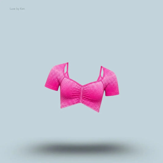 Gymshark Blush Seamless Short Sleeve Top Super-Set Pink Focus Pink body fit square neck ruched bust seamless ombre women's activewear top front view India