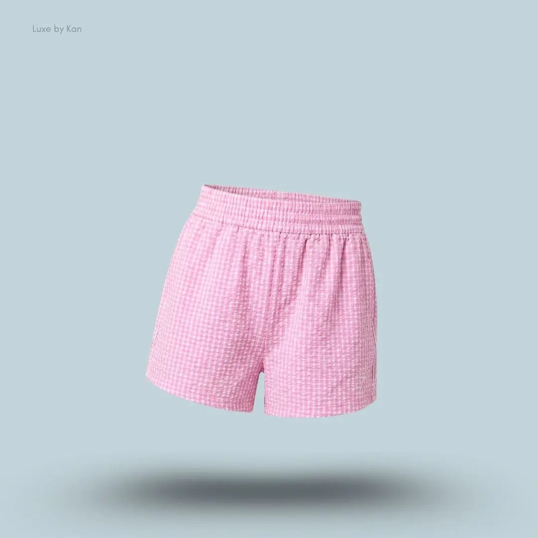 Gymshark Gingham Shorts Focus Pink Soft White oversized fit gingham pattern piping detail women's activewear shorts front view India