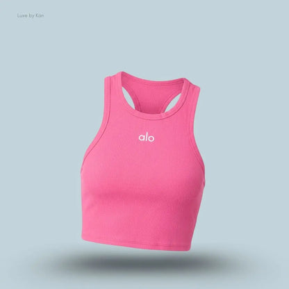 Alo Aspire Tank in Paradise Pink/White, flat lay on light blue background