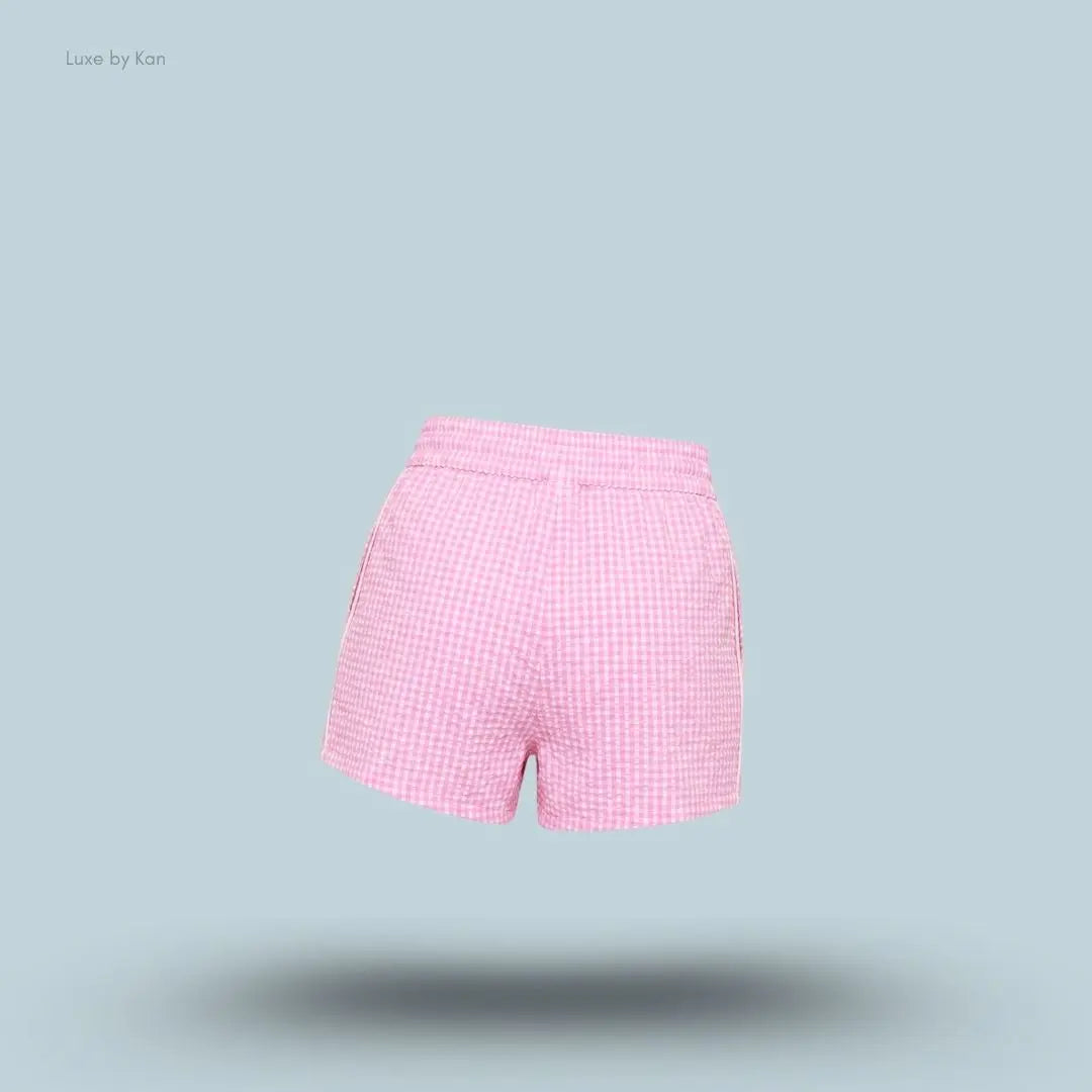 Gymshark Gingham Shorts Focus Pink Soft White oversized fit gingham pattern piping detail women's activewear shorts back view India