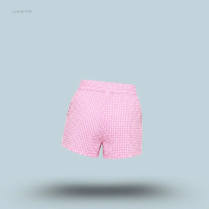 Gymshark Gingham Shorts Focus Pink Soft White oversized fit gingham pattern piping detail women's activewear shorts back view India
