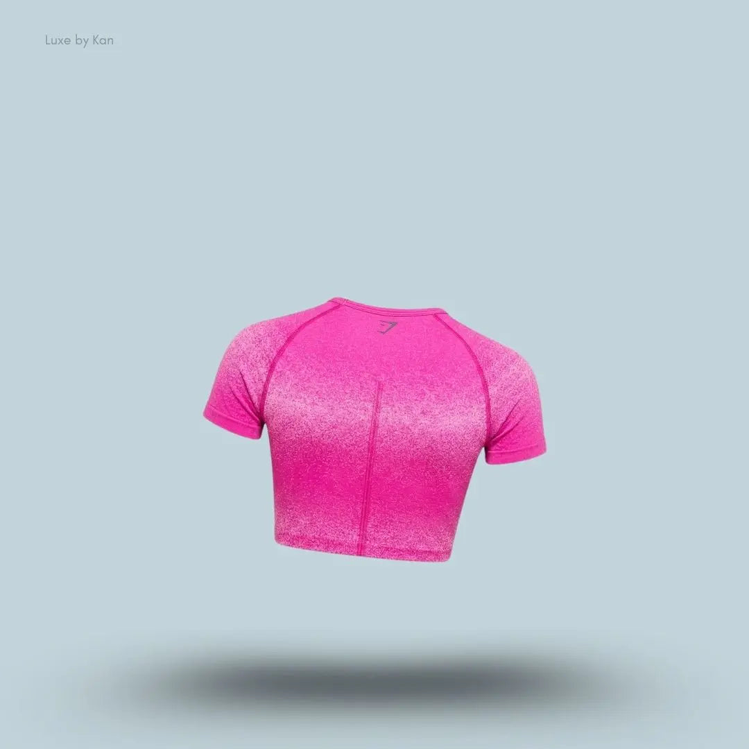 Gymshark Blush Seamless Short Sleeve Top Super-Set Pink Focus Pink body fit square neck ruched bust seamless ombre women's activewear top back view India