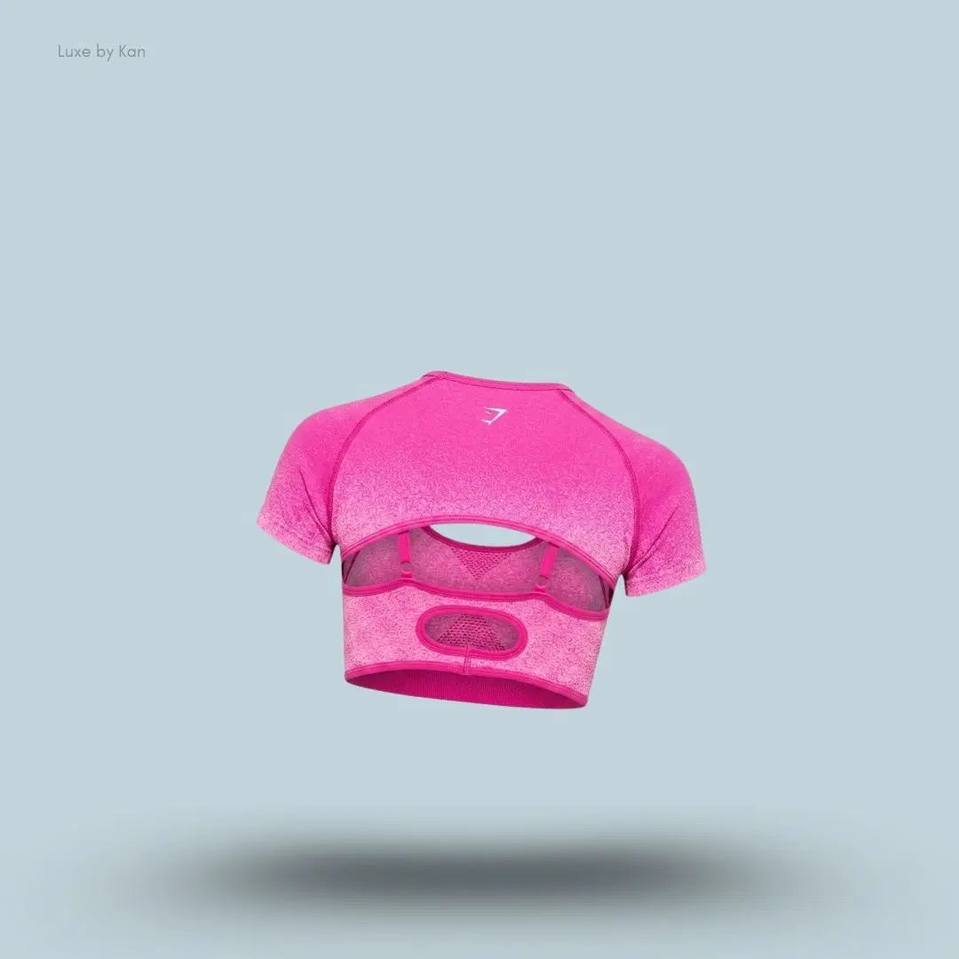 Gymshark Blush Seamless Short Sleeve Shrug Super-Set Pink Focus Pink body fit seamless ombre ruched centre breathable women's activewear back view India