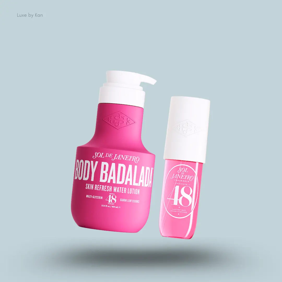 Sol de Janeiro Splash of Sol pink body lotion and body mist duo on a blue background