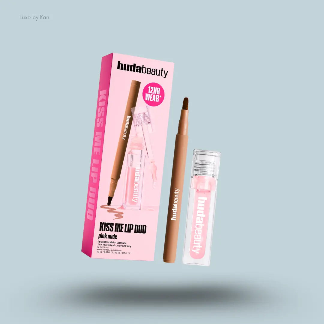 Huda Beauty Kiss Me Lip Duo two lip products pinky brown with packaging on blue background