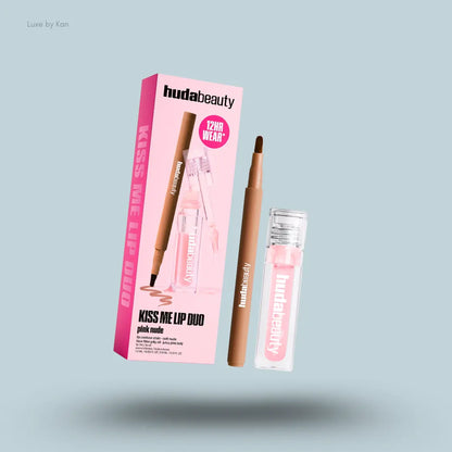 Huda Beauty Kiss Me Lip Duo two lip products pinky brown with packaging on blue background