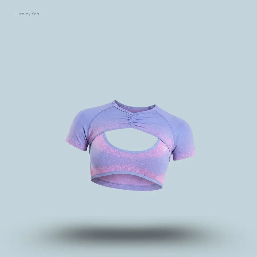 Gymshark Blush Seamless Short Sleeve Shrug Steady Purple Focus Pink body fit seamless ombre ruched centre breathable women's activewear front view India