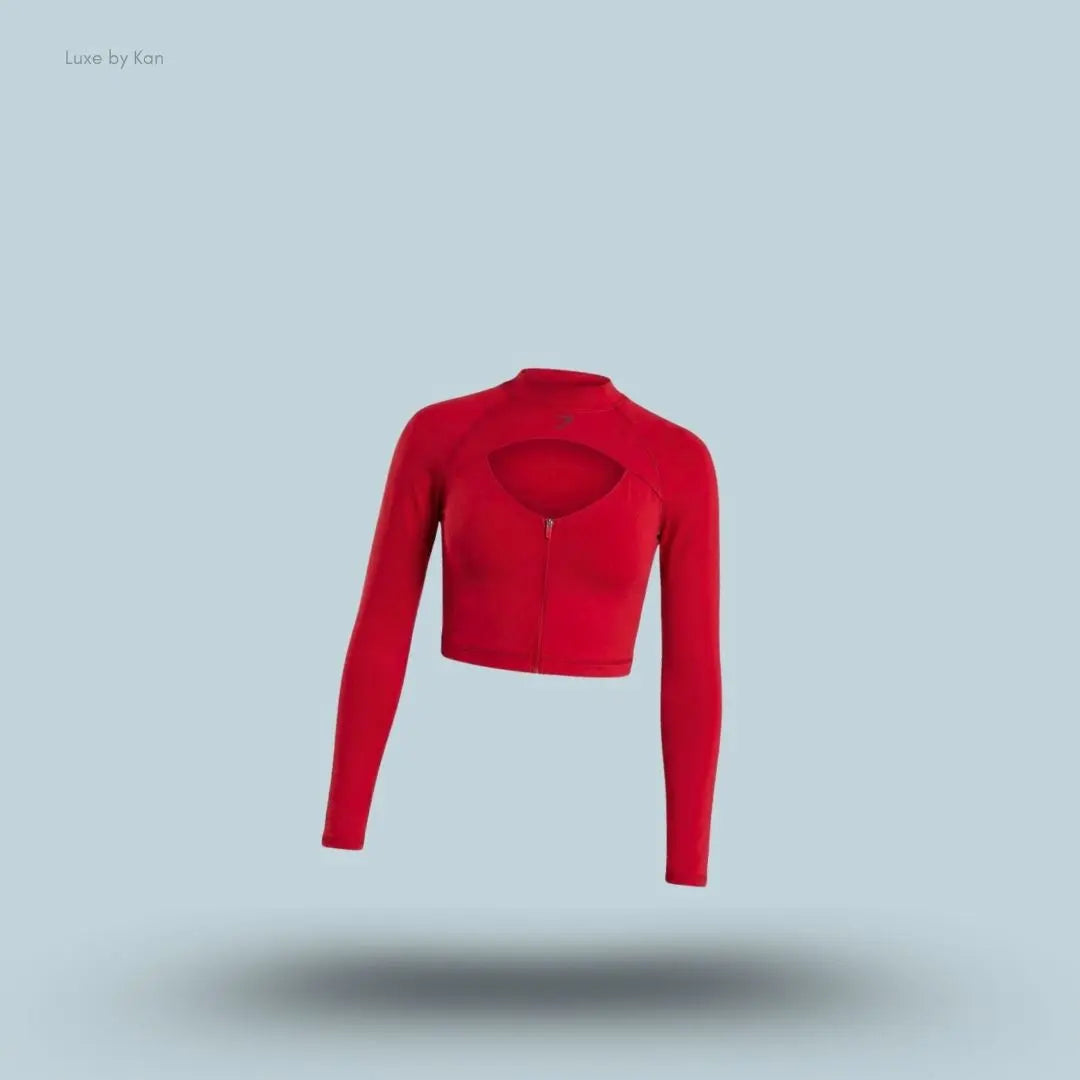 Gymshark Dipped Long Sleeve 1/4 Zip Jacket Carmine Red body fit dipped back hem front cut-out quarter zip women's activewear front view India