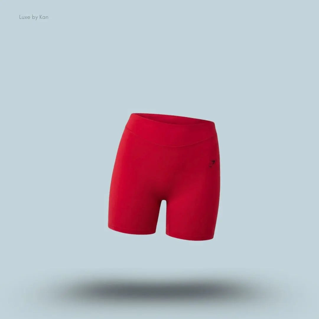 Gymshark Lifting Dipped Waistband Shorts Carmine Red high-waisted deep V back bum scrunch hidden pocket women's activewear shorts front view India