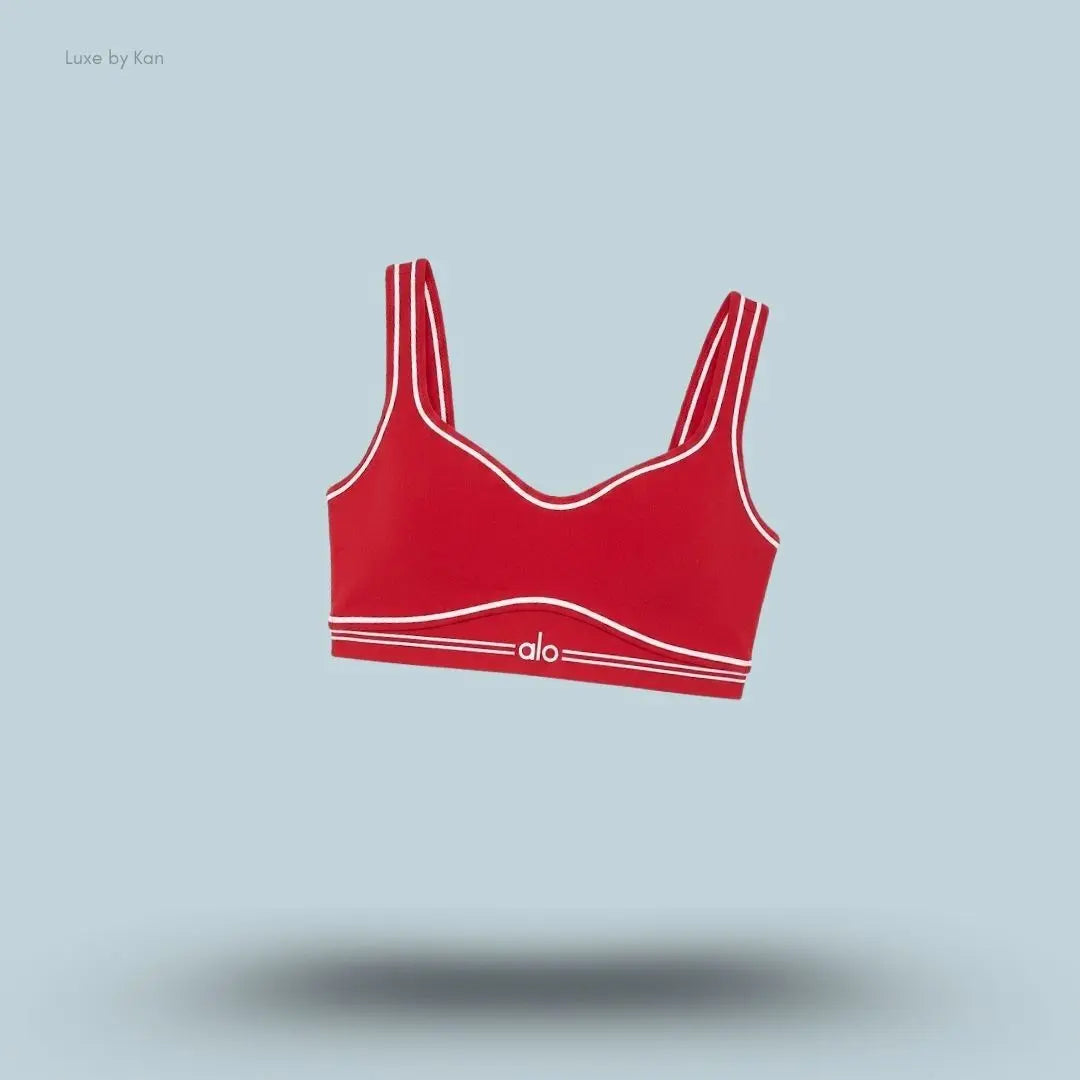 Alo Airbrush Heart Throb Bra in Bright Red/White, flat lay on light blue background