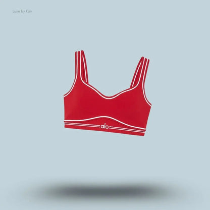 Alo Airbrush Heart Throb Bra in Bright Red/White, flat lay on light blue background