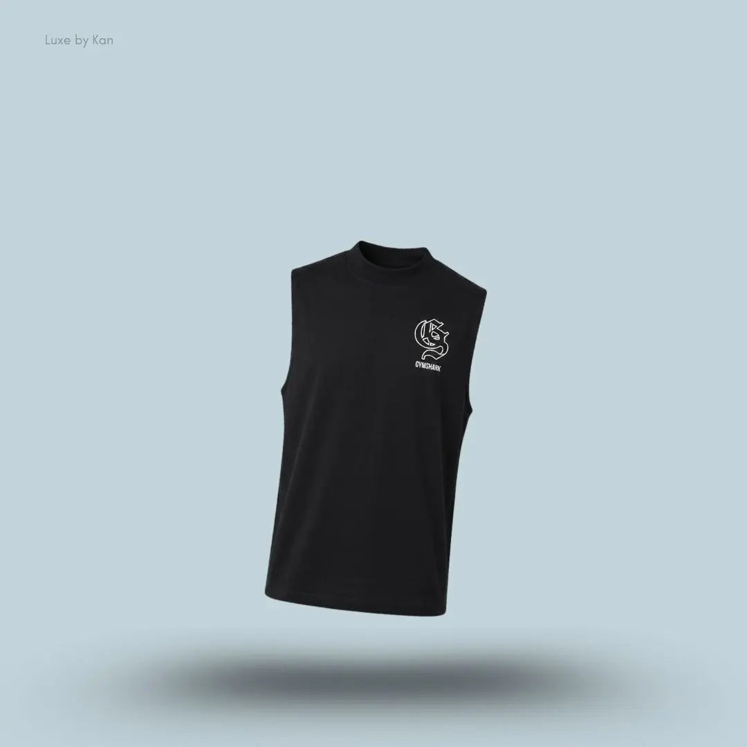 Gymshark Performance Tank sleeveless men's training tank top in black on a blue background
